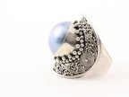 Traditionele grote bewerkte zilveren ring met Tahiti parel afbeelding 2