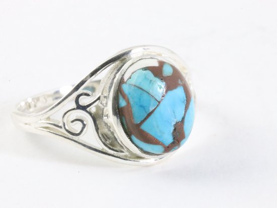 Opengewerkte zilveren ring met blauwe turkoois afbeelding 1