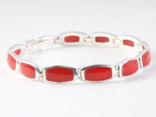 Hoogglans zilveren armband met rode koraal steen afbeelding 2