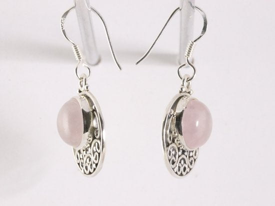 Ronde opengewerkte zilveren oorbellen met rozenkwarts afbeelding 2