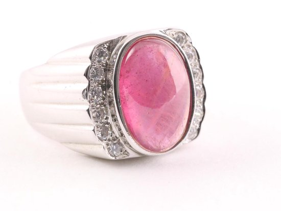 Bewerkte zilveren herenring met robijn en witte topaas afbeelding 1