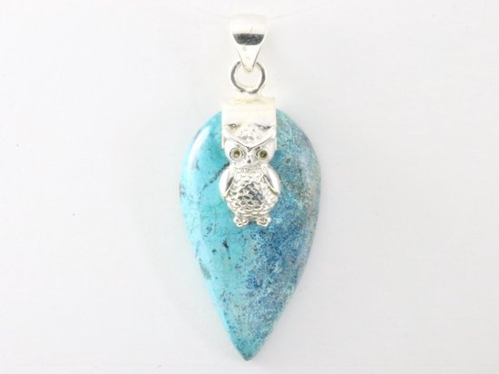 Zilveren hanger met uil op chrysocolla steen afbeelding 4