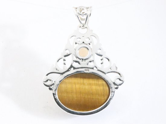 Opengewerkte zilveren hanger met tijgeroog en rookkwarts afbeelding 3