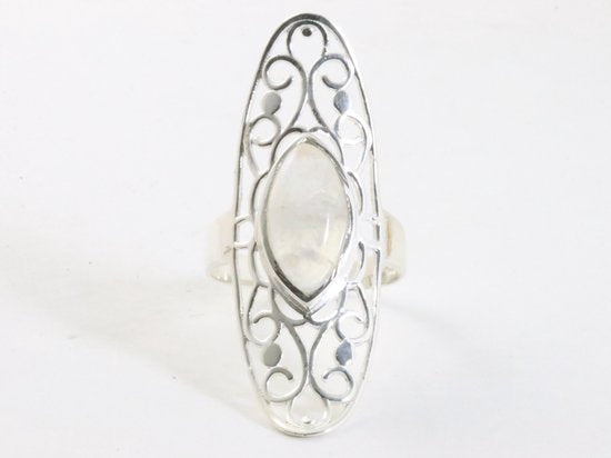 Langwerpige opengewerkte zilveren ring met regenboog maansteen afbeelding 4