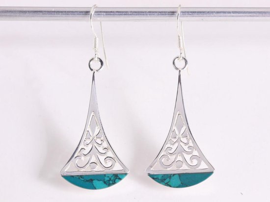 Lange opengewerkte zilveren oorbellen met chrysocolla afbeelding 1