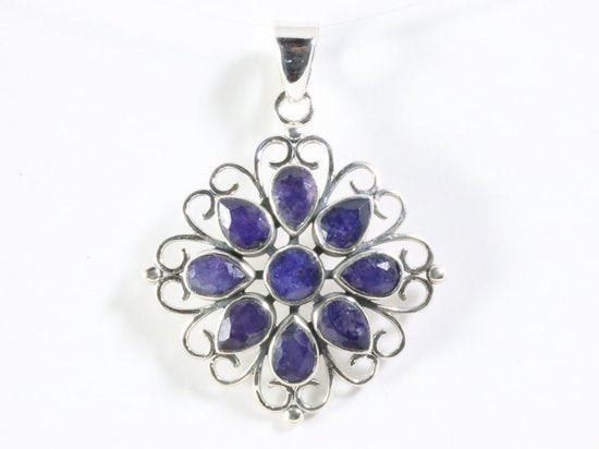 Opengewerkte zilveren hanger met blauwe saffier afbeelding 4