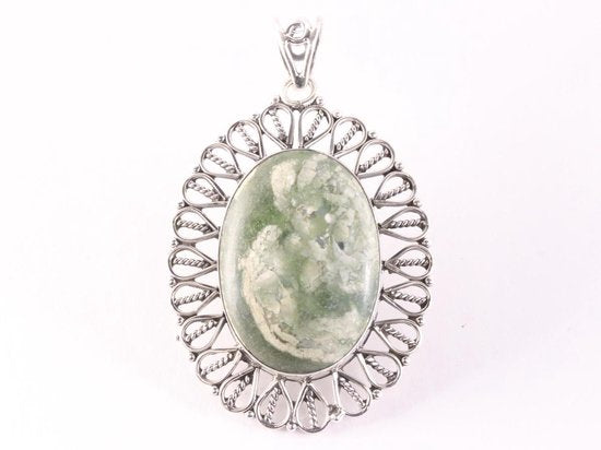 Grote opengewerkte zilveren hanger met regenwoud jaspis afbeelding 1