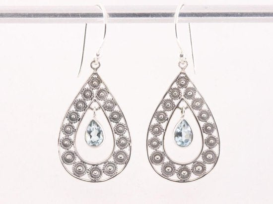 Opengewerkte zilveren filigrein oorbellen met blauwe topaas afbeelding 4