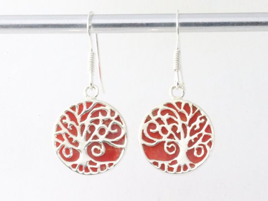 Ronde zilveren oorbellen met levensboom op rode koraal steen afbeelding 4
