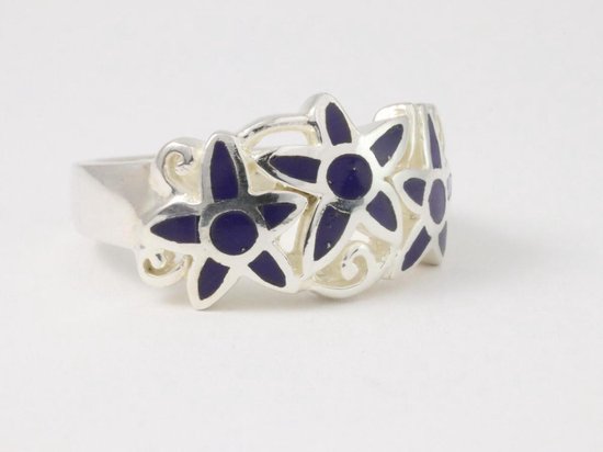 Opengewerkte zilveren ring met lapis lazuli bloemen afbeelding 1
