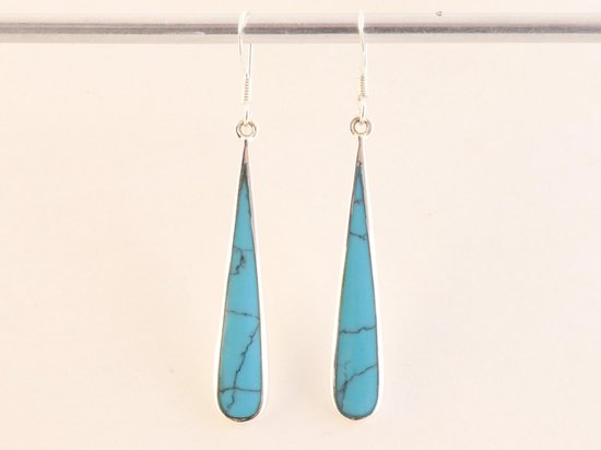 Lange druppelvormige zilveren oorbellen met blauwe turkoois afbeelding 4