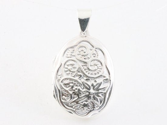 Bewerk ovaal zilveren medaillon met bloemengravering afbeelding 4