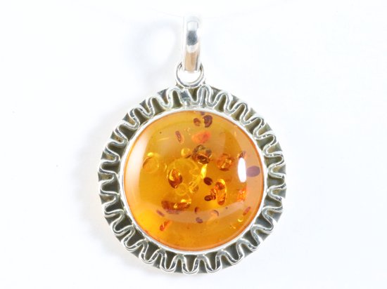 Ronde bewerkte zilveren hanger met amber afbeelding 4