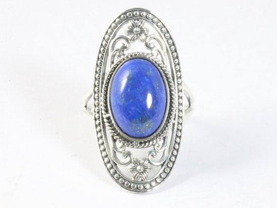 Langwerpige opengewerkte zilveren ring met lapis lazuli afbeelding 4