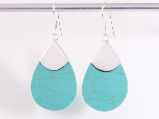 Grote druppelvormige zilveren oorbellen met groene turkoois afbeelding 4