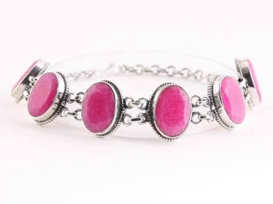 Zware bewerkte zilveren armband met grote robijn stenen afbeelding 1