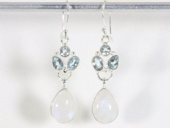 Zilveren oorbellen met regenboog maansteen en blauwe topaas afbeelding 3
