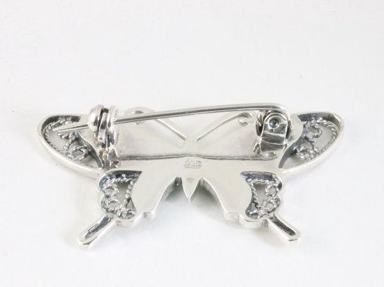 Zilveren vlinder broche met blauwe schelp afbeelding 3