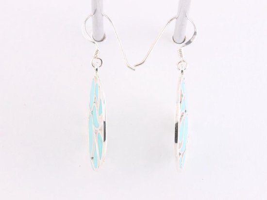 Ronde opengewerkte zilveren oorbellen met groene turkoois afbeelding 2