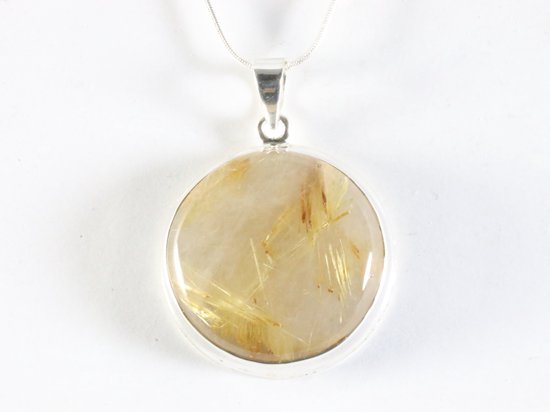 Ronde hoogglans zilveren hanger met gouden rutielkwarts aan ketting afbeelding 4