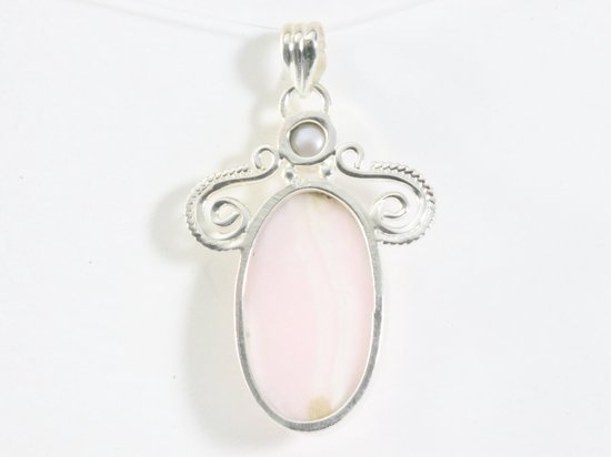Grote bewerkte zilveren hanger met roze lace agaat en parel afbeelding 3