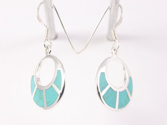 Ronde zilveren oorbellen met groene turkoois afbeelding 2