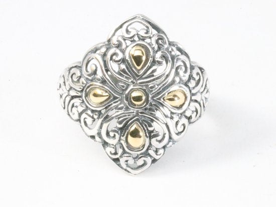 Traditionele opengewerkte zilveren ring met 18k gouden decoraties afbeelding 4