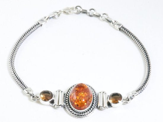 Bewerkte zilveren armband met amber en rookkwarts afbeelding 1