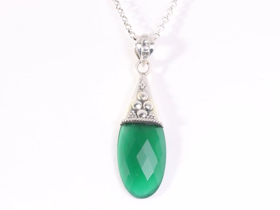 Bewerkte zilveren hanger met groene onyx aan ketting afbeelding 4