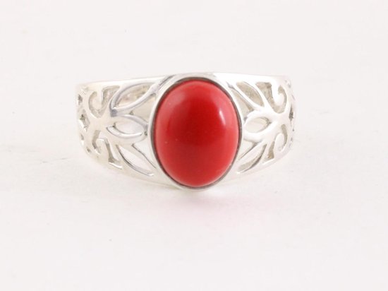 Opengewerkte zilveren ring met rode koraal steen afbeelding 4