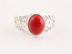 Opengewerkte zilveren ring met rode koraal steen afbeelding 4