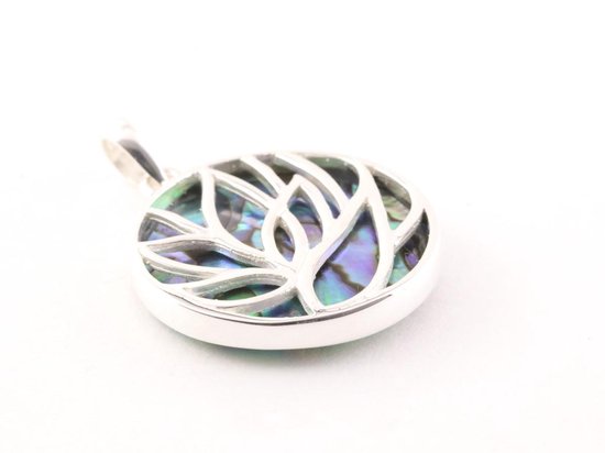Ronde zilveren lotus hanger op abalone schelp afbeelding 2