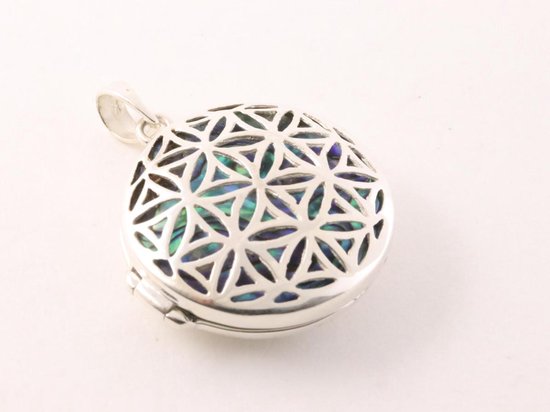 Rond opengewerkt zilveren medaillon met abalone schelp afbeelding 2