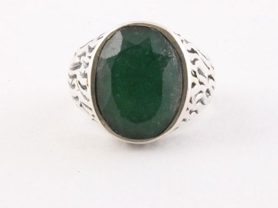 Bewerkte zilveren herenring met smaragd afbeelding 2