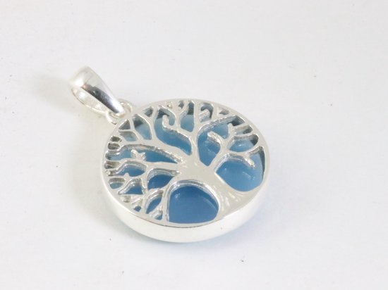 Fijne ronde zilveren hanger met levensboom op blauwe agaat afbeelding 2