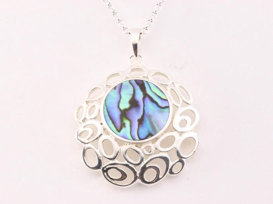 Grote opengewerkte zilveren hanger met abalone schelp aan ketting afbeelding 1