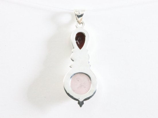 Bewerkte zilveren hanger met rozenkwarts en granaat afbeelding 3