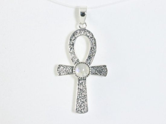 Bewerkte zilveren ankh hanger met regenboog maansteen afbeelding 3