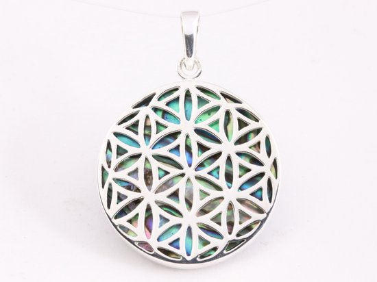 Ronde zilveren hanger met levensbloem op abalone schelp afbeelding 4