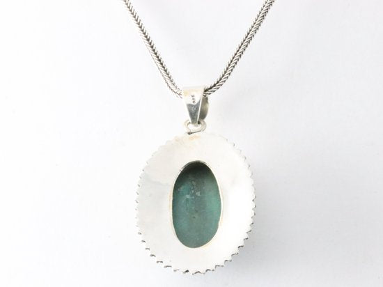 Bewerkte zilveren hanger met grote malachiet steen aan ketting afbeelding 3