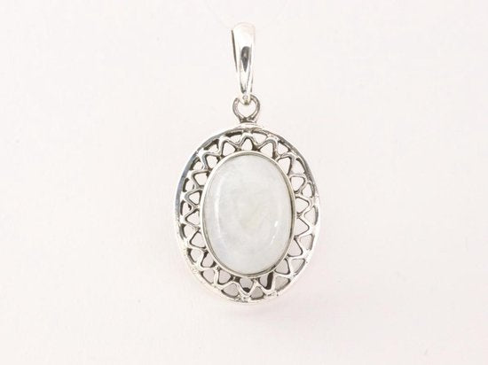 Opengewerkte ovale zilveren hanger met regenboog maansteen afbeelding 4