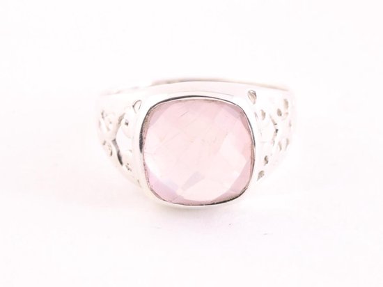 Opengewerkte zilveren ring met rozenkwarts afbeelding 4