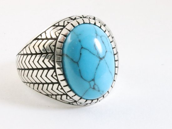 Zware bewerkte zilveren ring met blauwe turkoois afbeelding 1