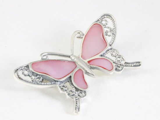 Zilveren vlinder broche met roze parelmoer afbeelding 2