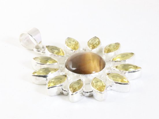 Grote opengewerkte zilveren hanger met tijgeroog en citrien afbeelding 2