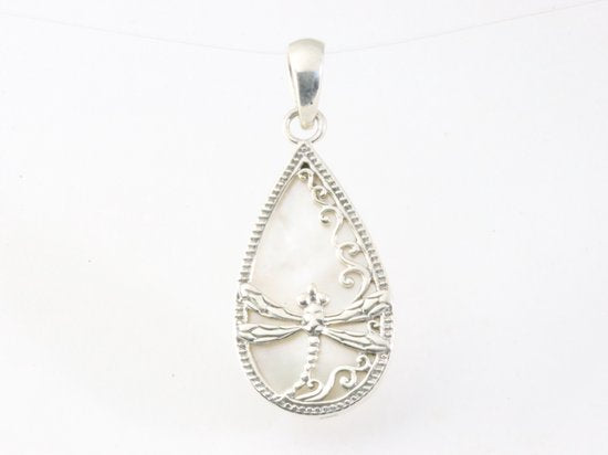 Druppelvormige zilveren hanger met libelle op parelmoer afbeelding 4