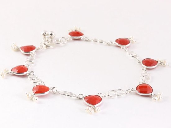 Zilveren enkelband met rode koraal steen en fijne parels afbeelding 2