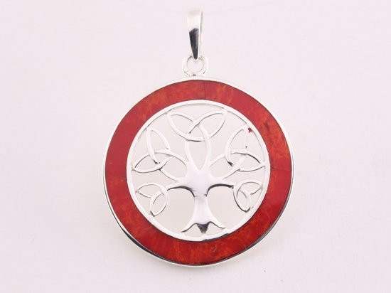 Ronde zilveren levensboom hanger met rode koraal steen afbeelding 1