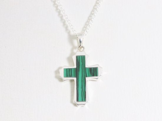 Zilveren kruishanger met malachiet aan ketting afbeelding 5
