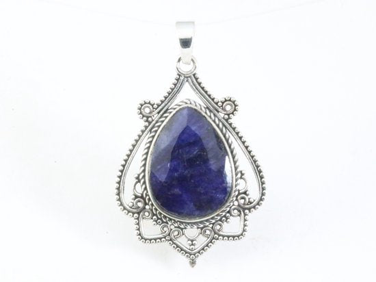 Bewerkte zilveren hanger met blauwe saffier afbeelding 4